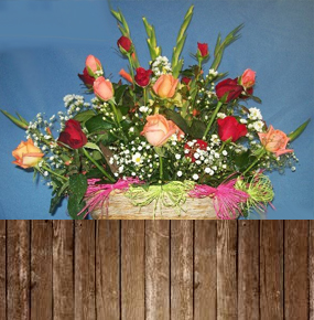 Red & Orange Roses with Glaieul in a Basket
