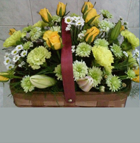  Yellow Roses, Green chrysanthemums & Carnation & Lilies Basket