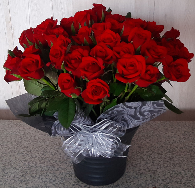 70 Red Roses in a vase and beautifully wrapped